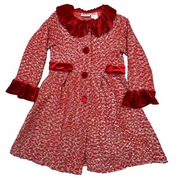Blueberi Boulevard Tweed Coat Girl 6 Red White Silver Velour Trim Jacket Holiday - Picture 1 of 11